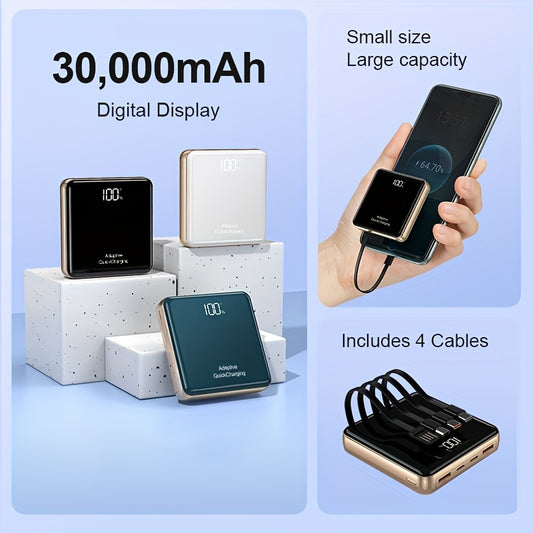 KAXOE 30000mAh 20000mAh High-Capacity Super Fast Charging Power Bank Portable Charger Fast Charging with LED Display Built-in 4 Cables Mobile Battery for iPhone for Samsung for Tablet