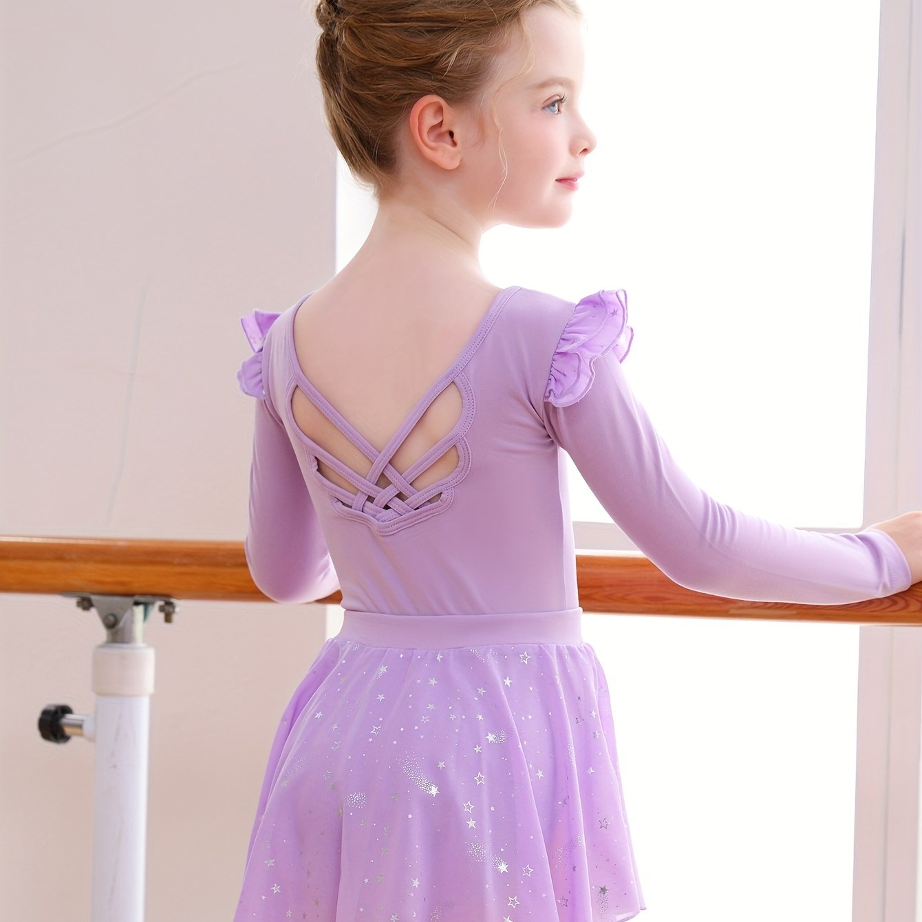 Christmas Gift Girls' Tight Bodysuit & Tulle Skirt Set - Detachable Long Sleeve Ruffle Crisscross Back Silvery Stars, Ballet Gymnastics Dance Outdoor Fall Clothing