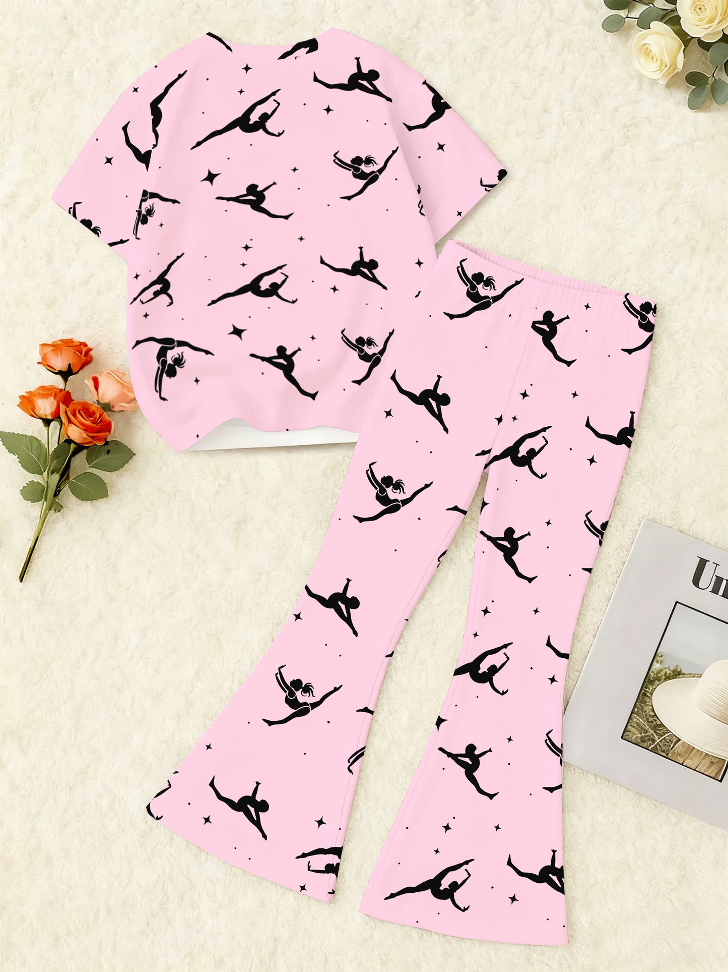 Girls 3D Print Gymnastics Two Piece Outfit With Crew Neck