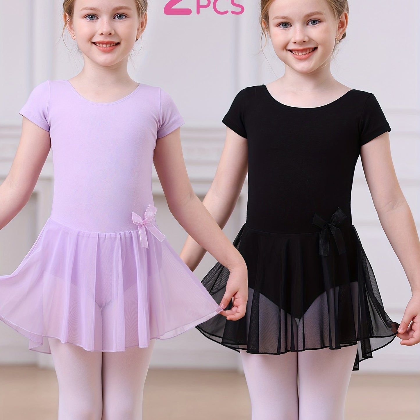 2pcs Girls Ballet Tutu Dress Set - Classic Style, Stretchy Leotard with Detachable Tulle Skirt, Ruffled Bow Trim - Perfect Christmas Gift, Perfect for Outdoor