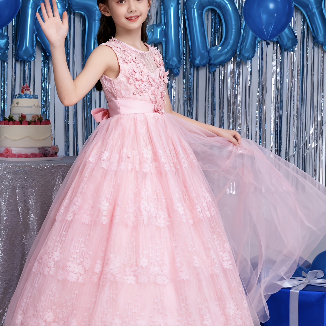 Girls Princess Gown Sleeveless 3D Lace Embroidery Maxi Dress