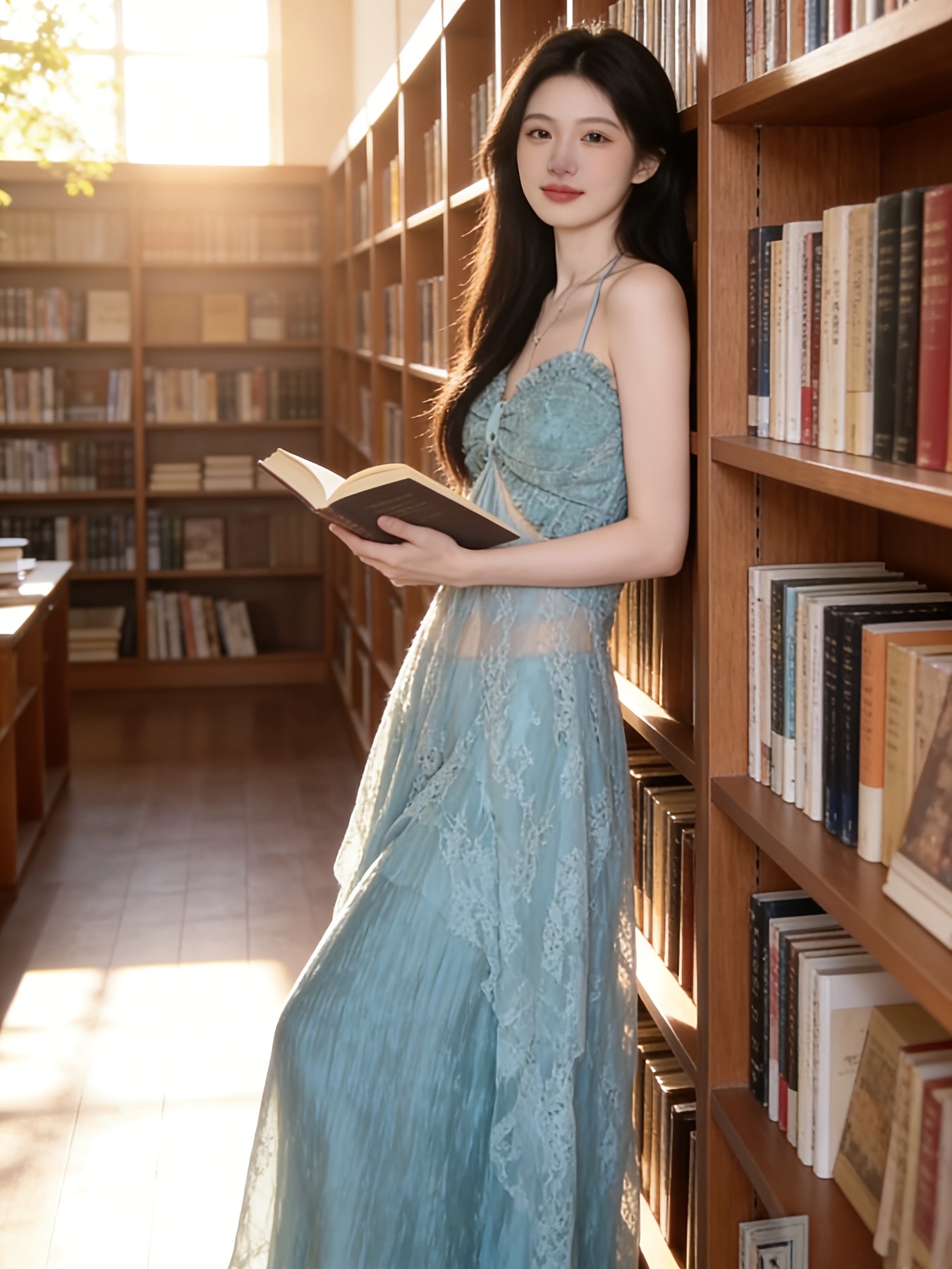 Cool-toned Halter Neck Camisole Dress | Mint Green Lace Sheer Waist-Cinching Maxi Dress, Soft Vibe Atmosphere Outfit, Asymmetrical Long Two-Piece Set, Ideal for Spring/Summer Vacation