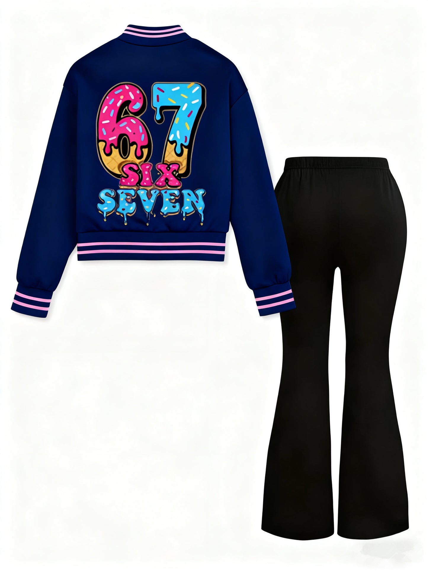 2pcs set, girls' jacket and flared pants set, 3-12 years old, autumn and winter, colorful, number 67, 3D printing, polyester blended with spandex fabric, K-pop style, suitable for holiday parties, creative gifts, daily casual