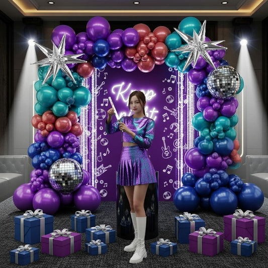 Metallic colorful Balloon garland kit 135pcs with Chrome purple pink blue teal Disco ball balloons for Kpop music decorations 80s Disco Birthday galaxy theme prom new year eve supplies