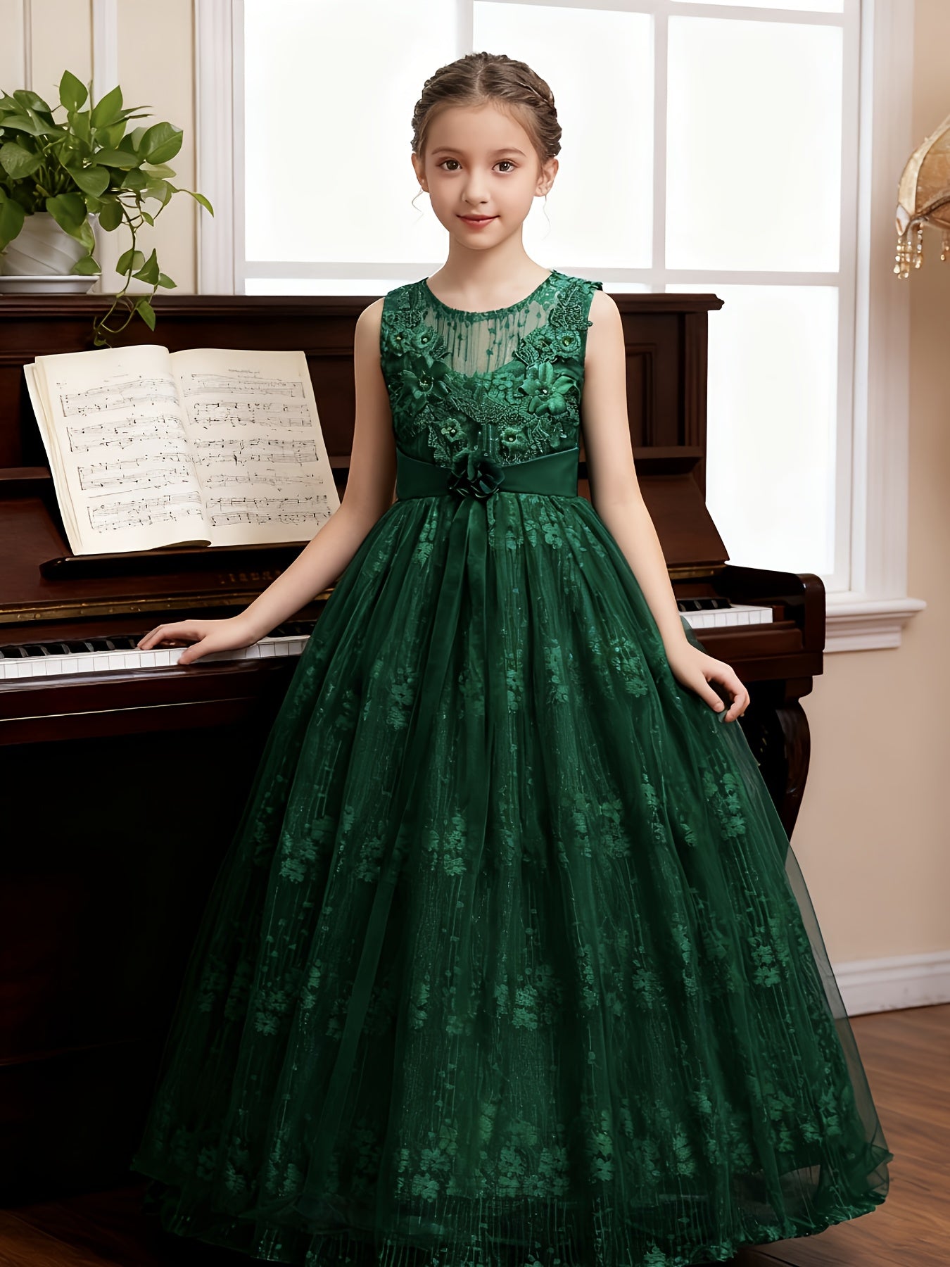 Girls Princess Gown Sleeveless 3D Lace Embroidery Maxi Dress
