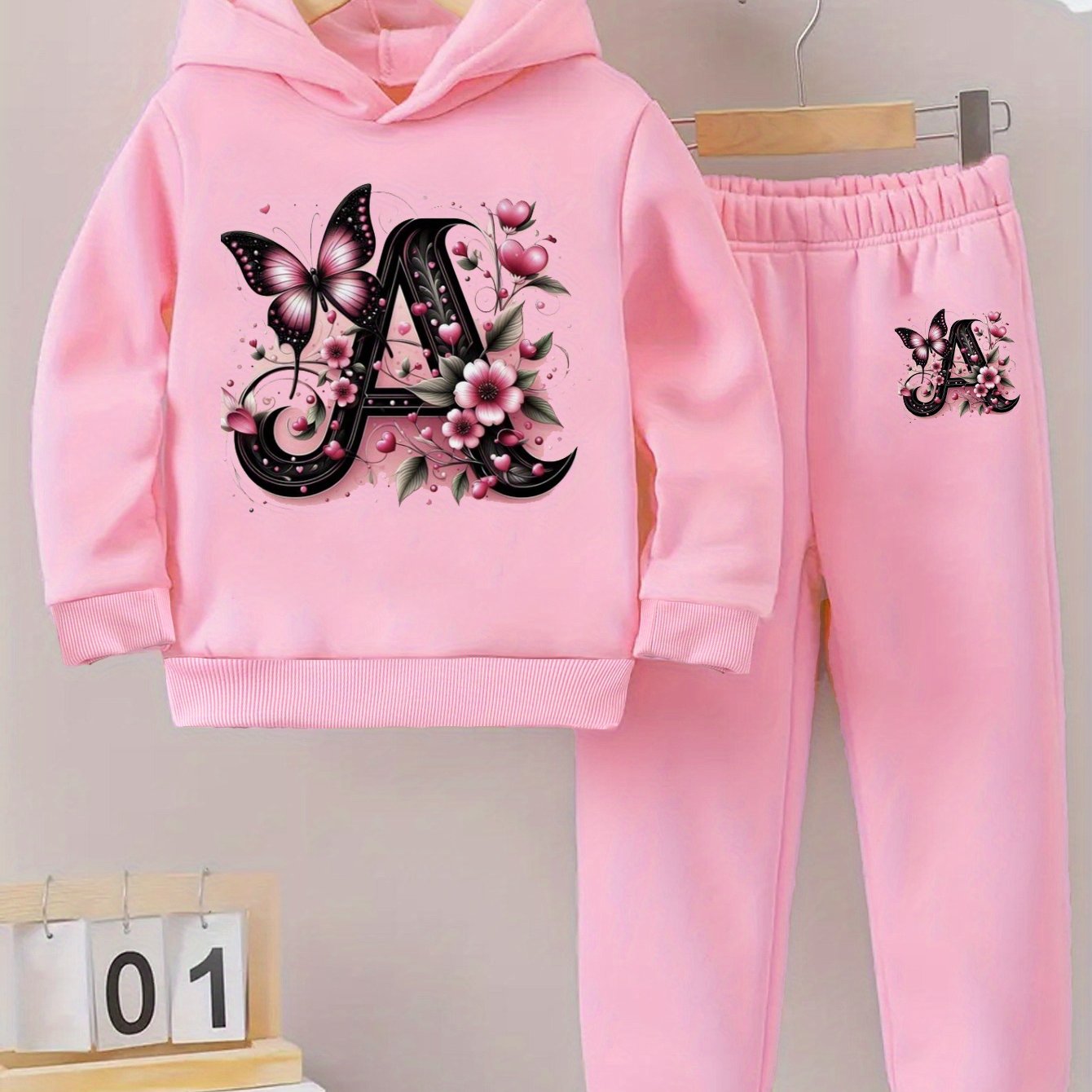Toddler Girl Love Bear Print Hoodie Set, Autumn/ Winter, for Outdoor