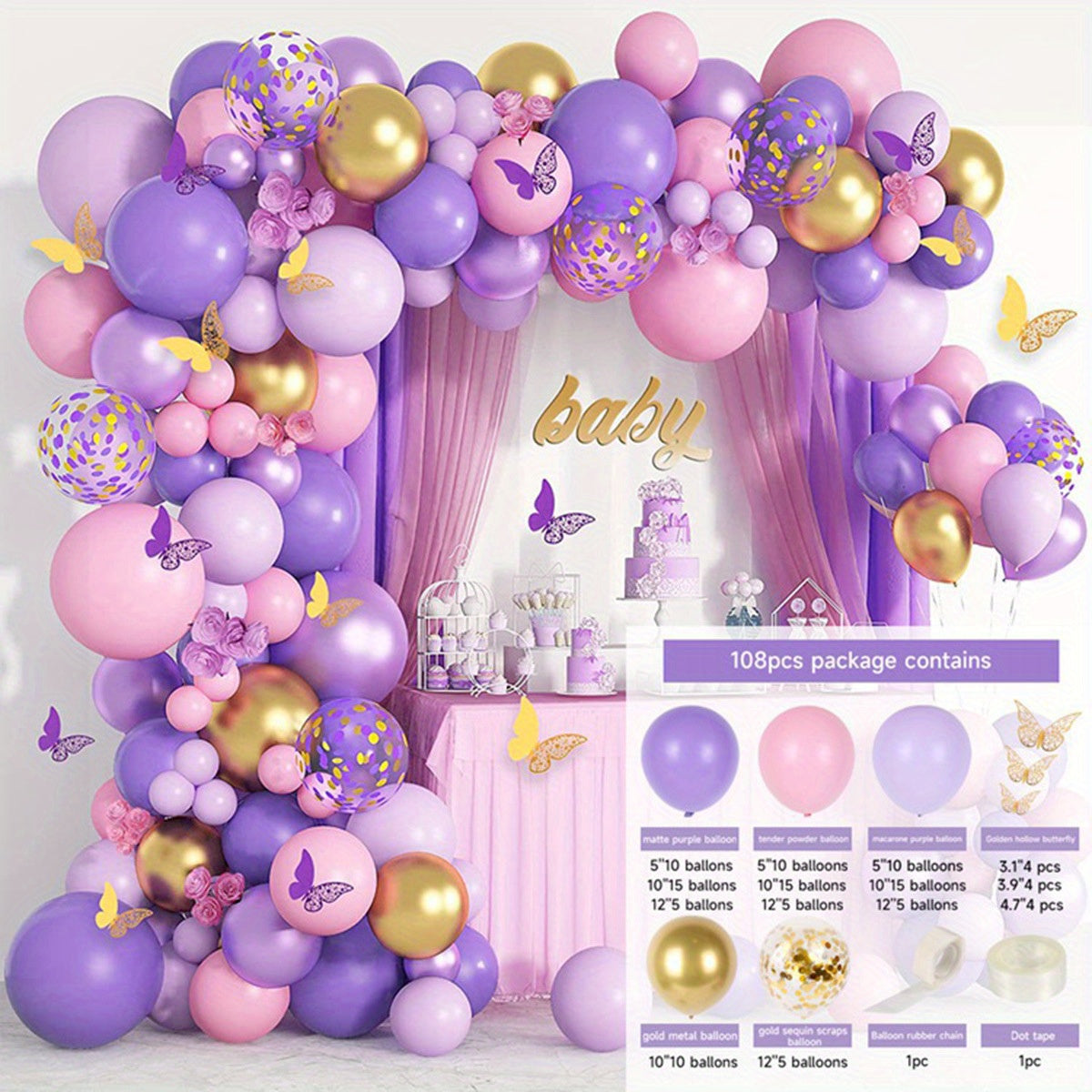 137 Piece Butterfly Series Purple Birthday Balloon Garland Set With Golden White Balloons And Happy Birthday Sign