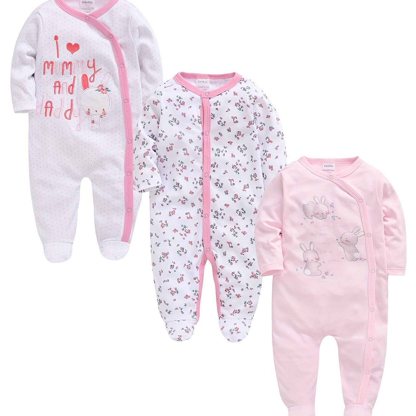 3pcs Baby Girl Cute Pink One-piece Jumpsuit Soft Long Sleeve Footed Romper Cartoon Bunny Rabbit Floral Print Newborn Girls' Overall Bodysuits Outfit Clothes for Infant Girl 0-12 Months, Perfect for Outdoor