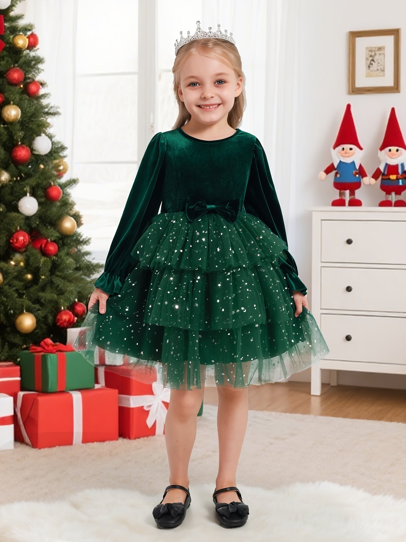 2-7Y Girls Sparkling Sequin & Tulle Tutu Princess Party Dress with Ruffled Sleeves & Layered Skirt - A-Line Knee-Length Winter Dress for Christmas, Birthday, Wedding, Halloween - Shimmering Holiday Outfit with Belt (No Paddin