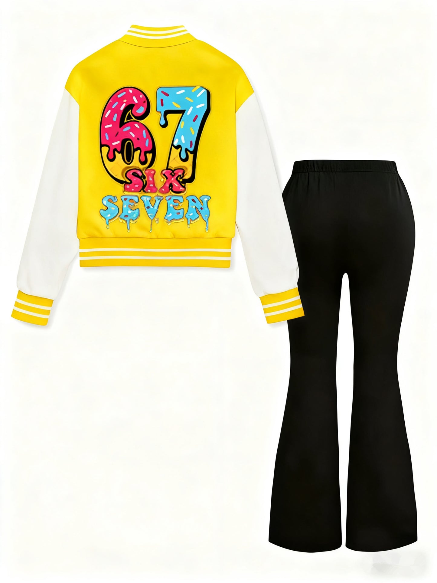 2pcs set, girls' jacket and flared pants set, 3-12 years old, autumn and winter, colorful, number 67, 3D printing, polyester blended with spandex fabric, K-pop style, suitable for holiday parties, creative gifts, daily casual