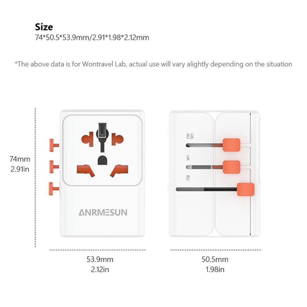 ANRMESUN 65W Travel Adapter with 4-Port USB Charger (2 USB-C) & Global Voltage 100-240V - Heavy Duty Power Adapter with US/EU/UK/AU Plugs, Compact Cube Design, Overload & Short Circuit Protection, Compatible with Europe, UK,