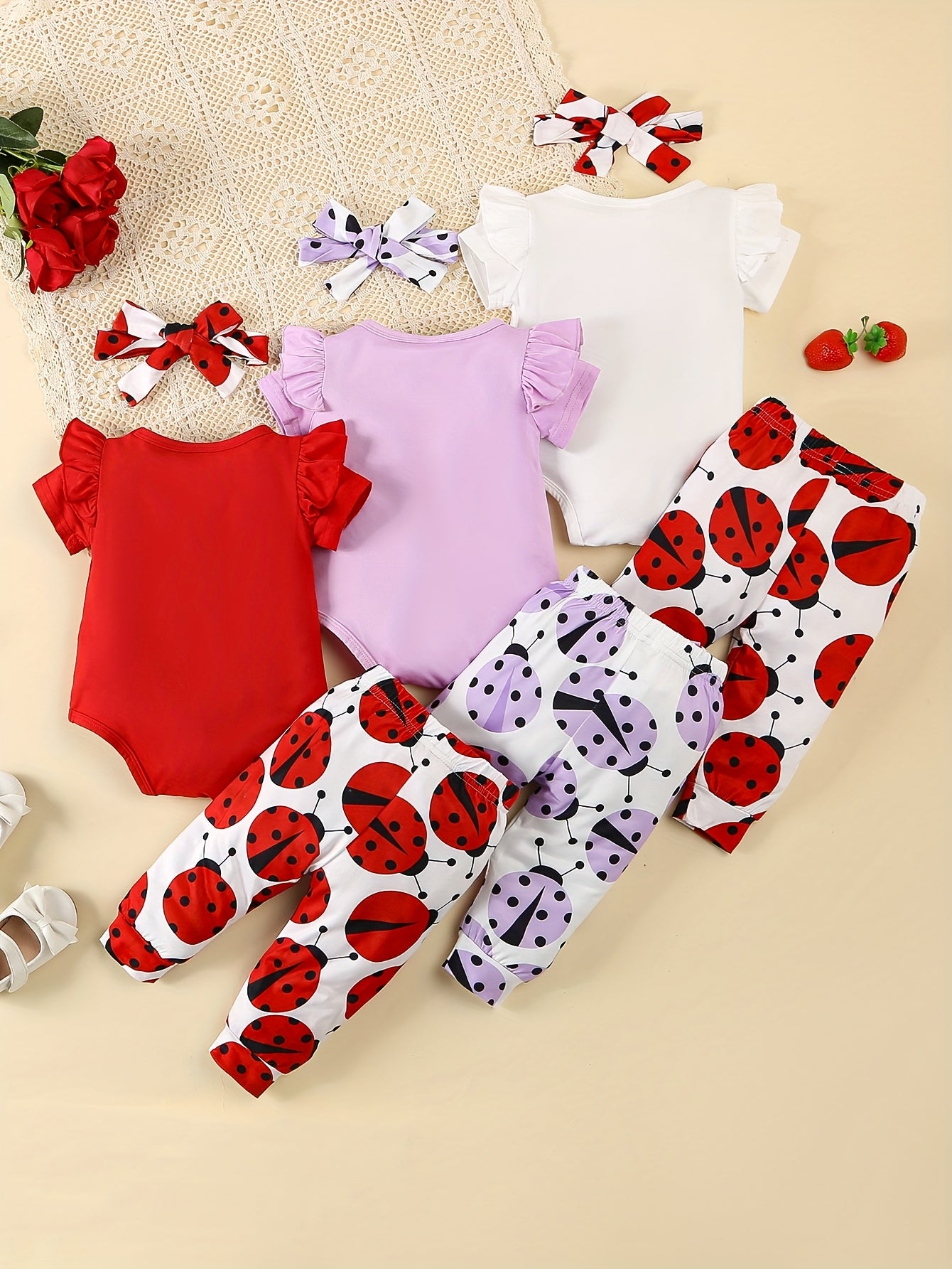 Newborn Baby Girl Summer Romper Short-Sleeved with Long Pants Same Style 3 Sets, for Outdoor, Perfect for Outdoor
