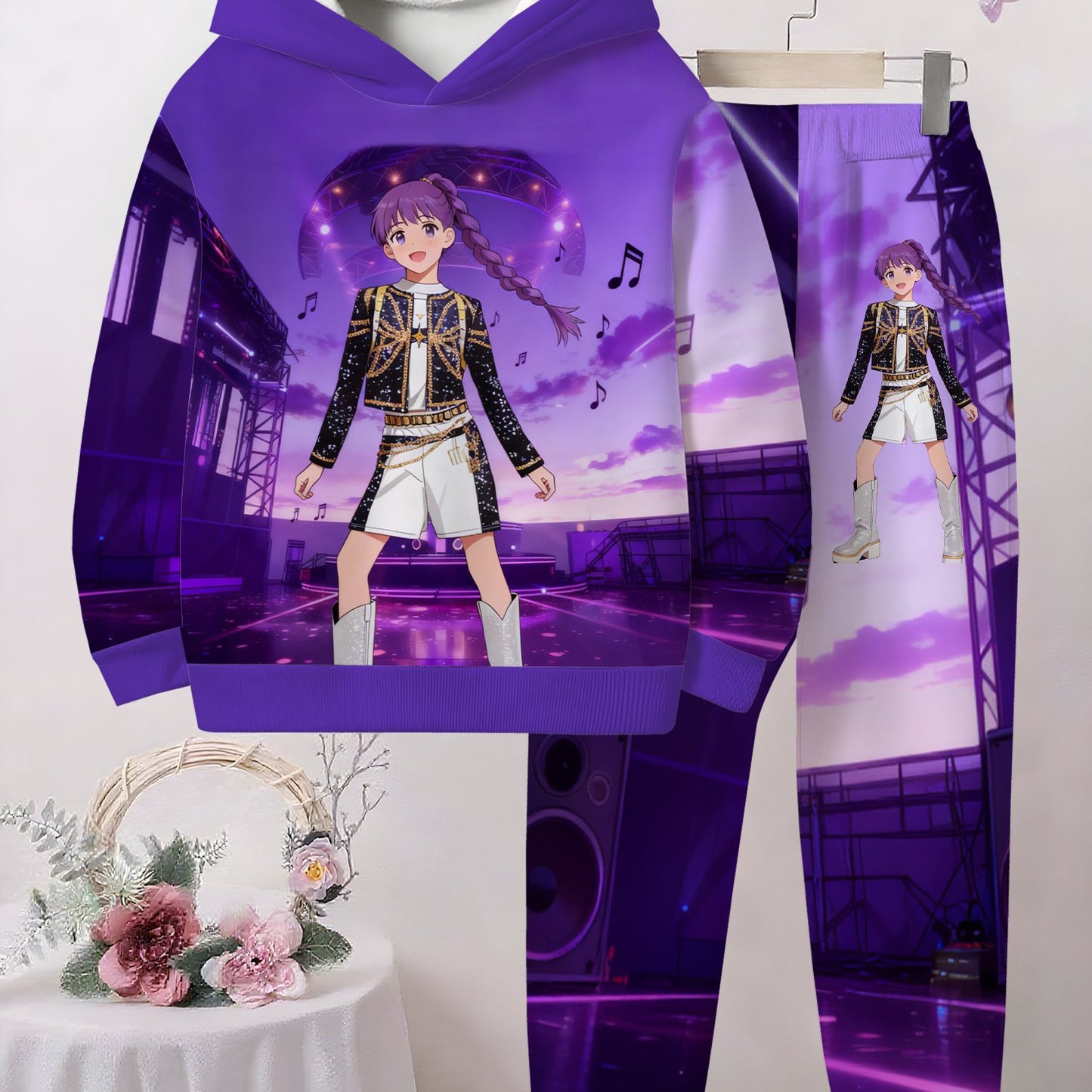 Girls' Dazzling Purple Stage Style Hoodie Set, Dazzling Purple Full Printed Double Braid Girls' Music Stage Pattern Eye Catching, Light Beige Friendly and Comfortable, Hooded Warmth, Fashionable and Worry Free, Helping Girls