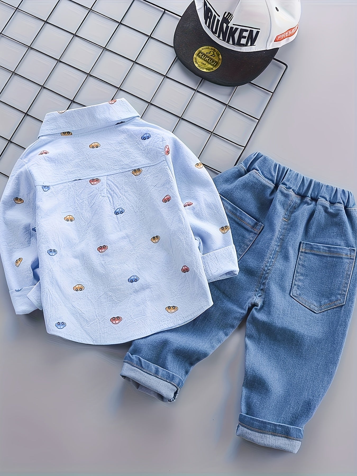 Boys Cartoon Car Print Lapel Shirt And Trousers Set