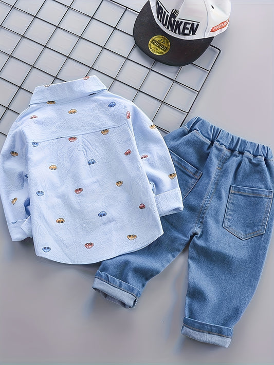 Boys Cartoon Car Print Lapel Shirt And Trousers Set