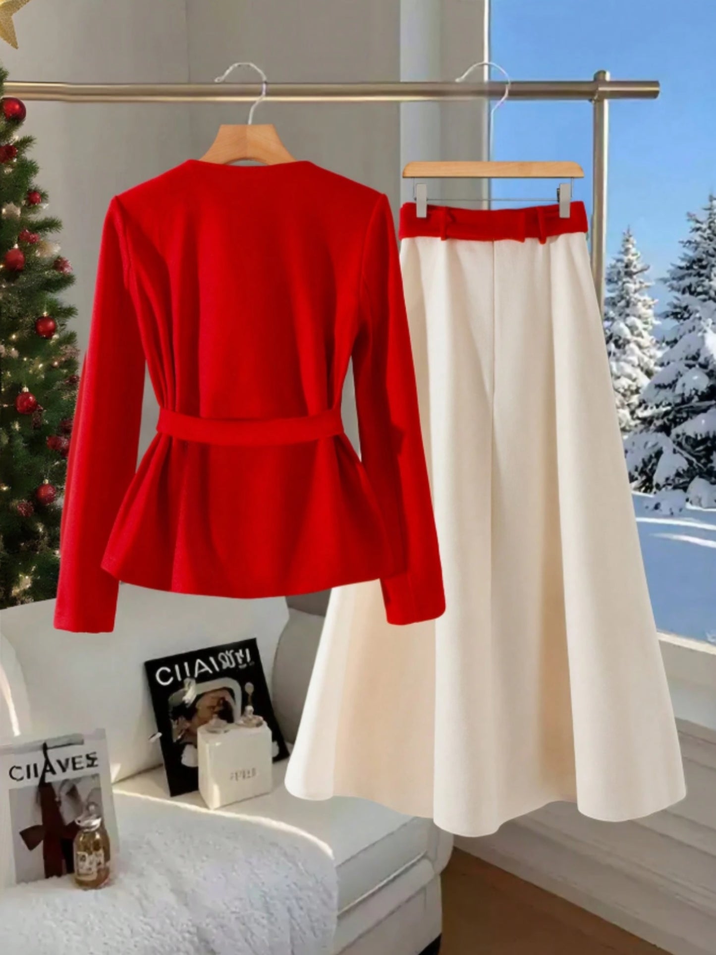 Women'S Two-piece Set (waist Cinching Jacket+wide Leg Skirt Pants, Bow And Waistband Design) | Suitable For Christmas Parties, New Year's, And Holiday Outings, Creating A Festive And Elegant Dressing Style