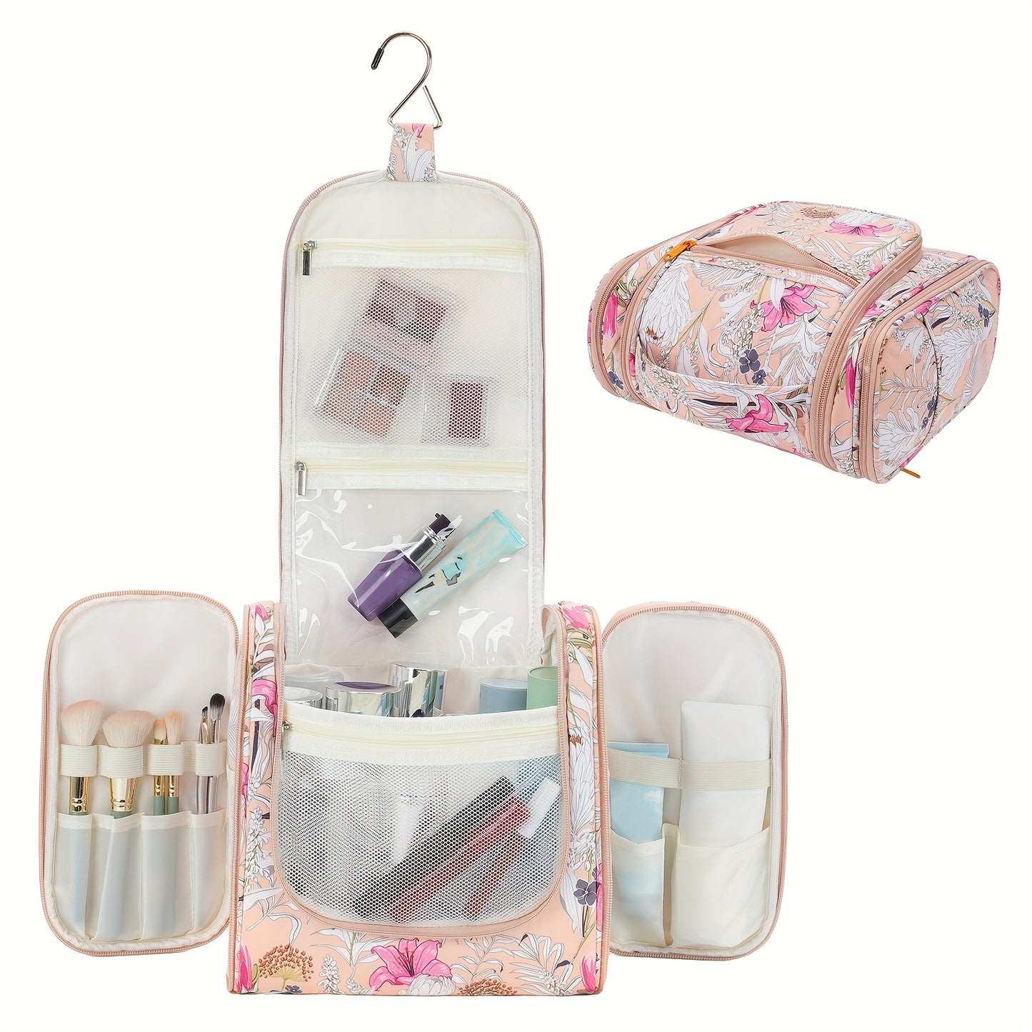 Women's Large Capacity Hanging Toiletry Bag - Travel Cosmetic Organizer with Hanging Hook & Top Handle, Zipper Closure, Lightweight Makeup Case with Multiple Compartments - Elegant Purple, Airport Approved for Carry-On Luggag