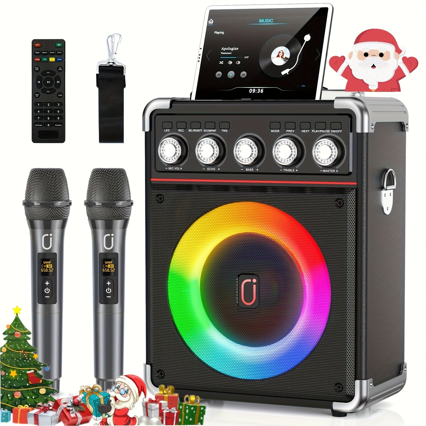 Karaoke Machine, with 2 Wireless Karaoke Microphones, Party Speaker with Bass/Treble Adjustment, DJ Lights, Portable Speaker for Home Party, Birthday, Gatherings, Christmas Gift