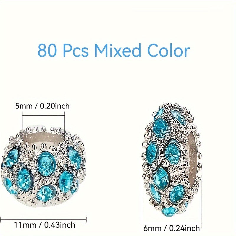 80 Pcs Alloy Space Beads with Sparkling Crystals in White and Gold 11x6mm Large Hole for DIY Jewelry Making