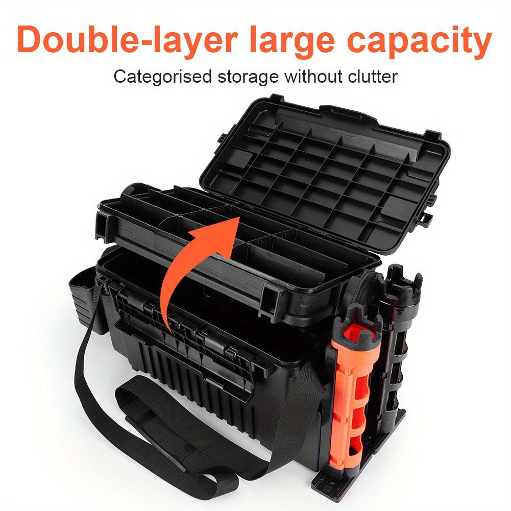 Two-Level Fishing Equipment Storage Box with Rod Support And Cup - 2.91 Gallon Spacious Fishing Gear Transport Case, Storage for Rods, Reels, And Accessories (Portable And Comprehensive)