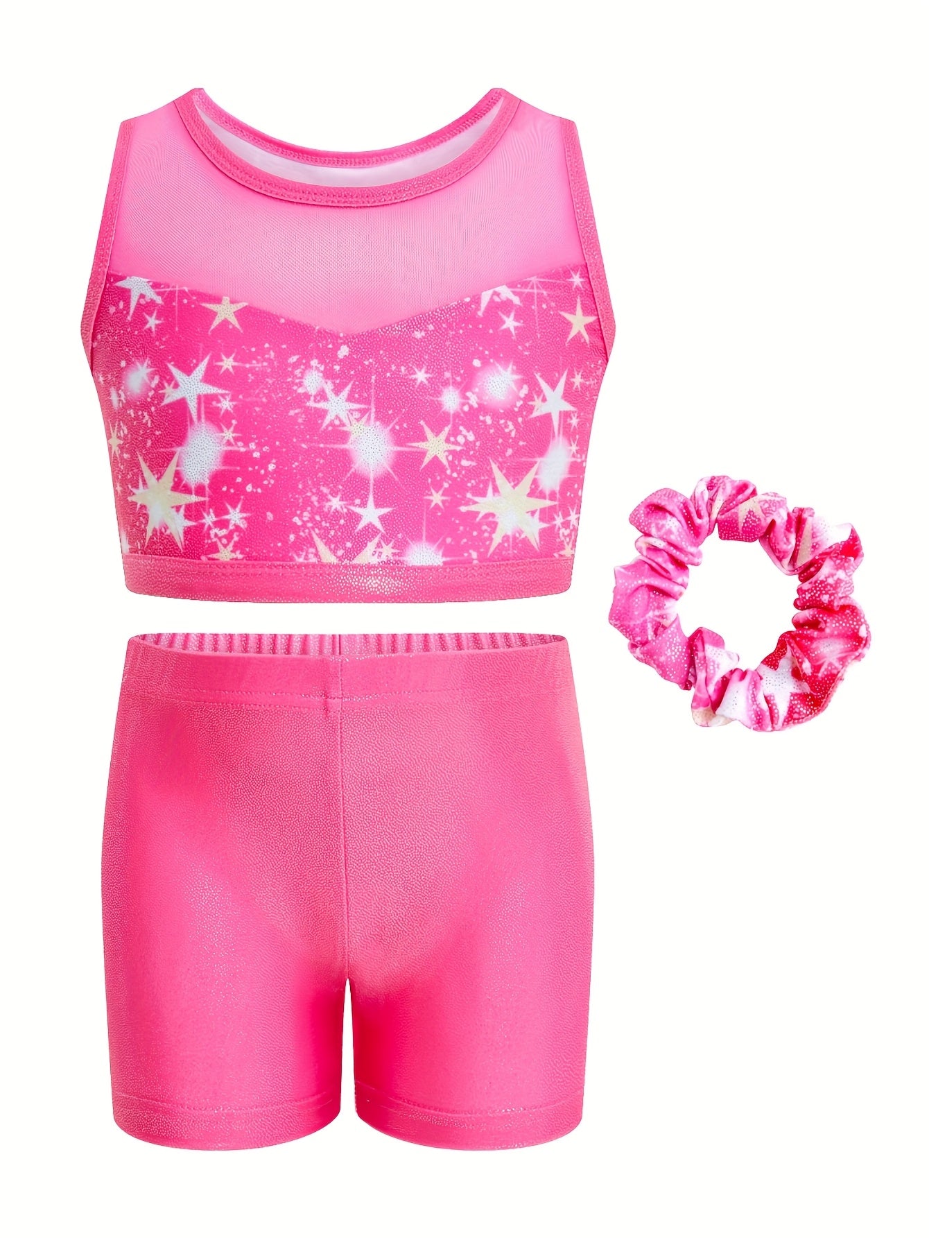 3pcs Sleeveless Gymnastics Leotards, Mesh Spliced Neckline Ballet Tumbling Outfit for Girls with Shorts And Hair Tie, Crisscross Mesh Back Kids Ballet Dancewear, Athletic Outfit for Ages 3-12, Perfect for Outdoor