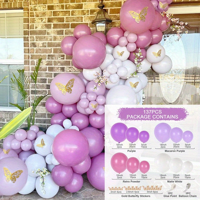 137 Piece Butterfly Series Purple Birthday Balloon Garland Set With Golden White Balloons And Happy Birthday Sign