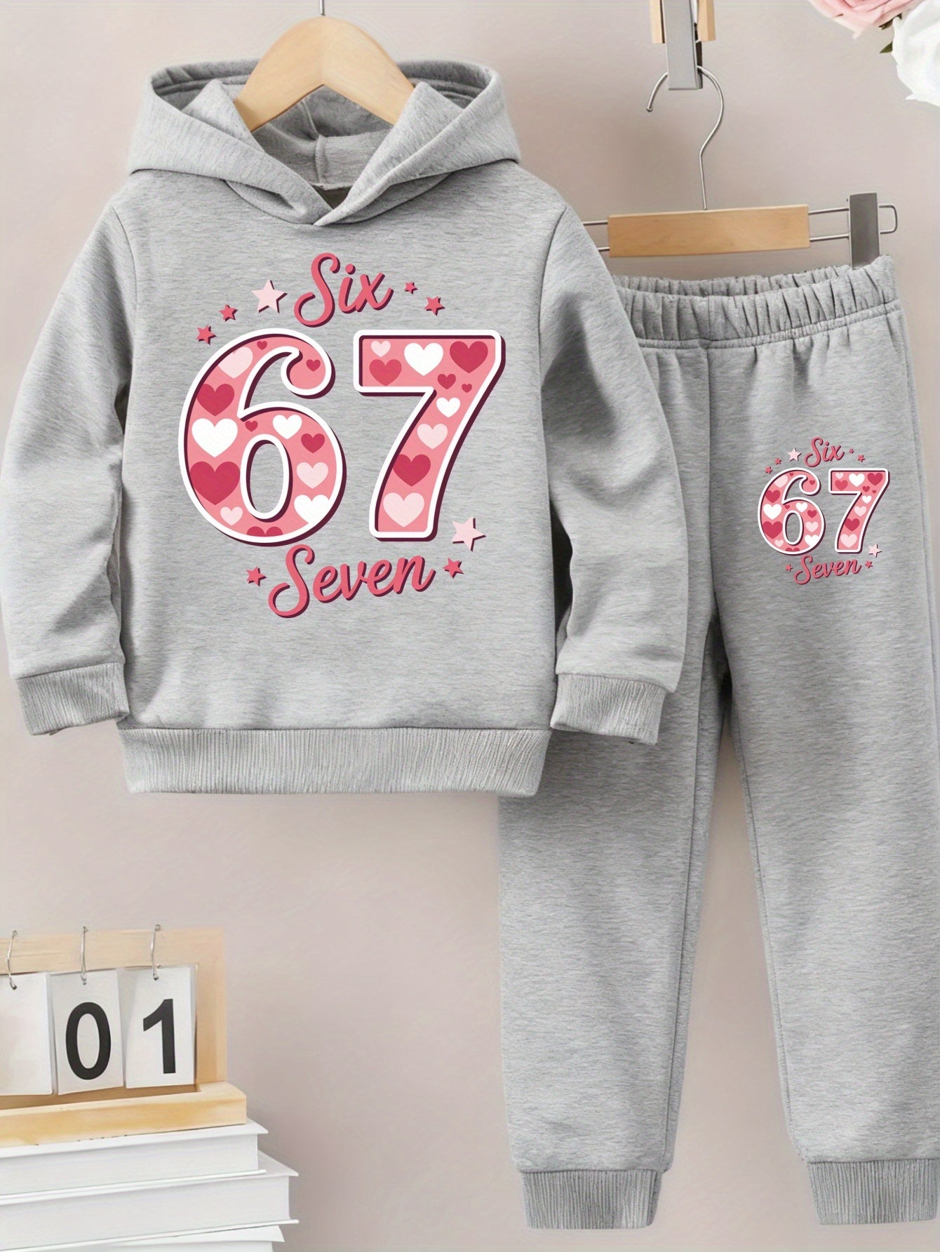 Girls Hoodie and Pants Set | Black Six 67 Seven Pink Heart Print Casual Outfit for Everyday Wear, Fall/Winter, Sweatshirt and Sweatpants, Long Sleeve, Medium Stretch Fabric, for Outdoor