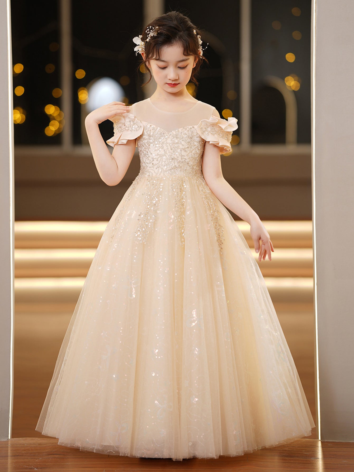 Girls Formal Princess Catwalk Dress Luxury Long Wedding Dress Special Occasions