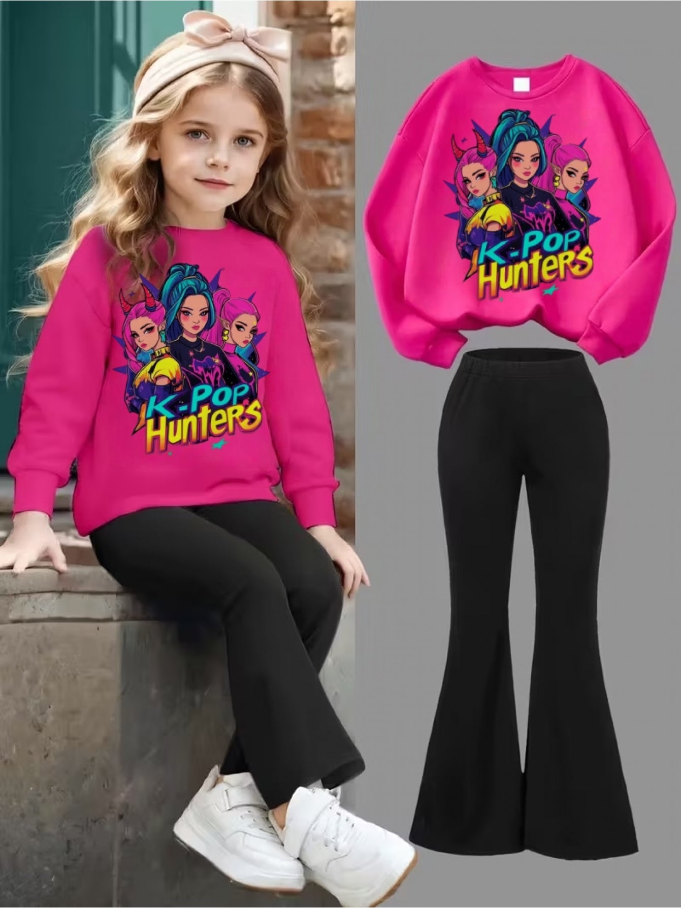 Two Piece Set For Girls Aged 3 To 12 Sweatshirt And Flared Pants 3D Printed Kpop Pattern Machine Washable Polyester