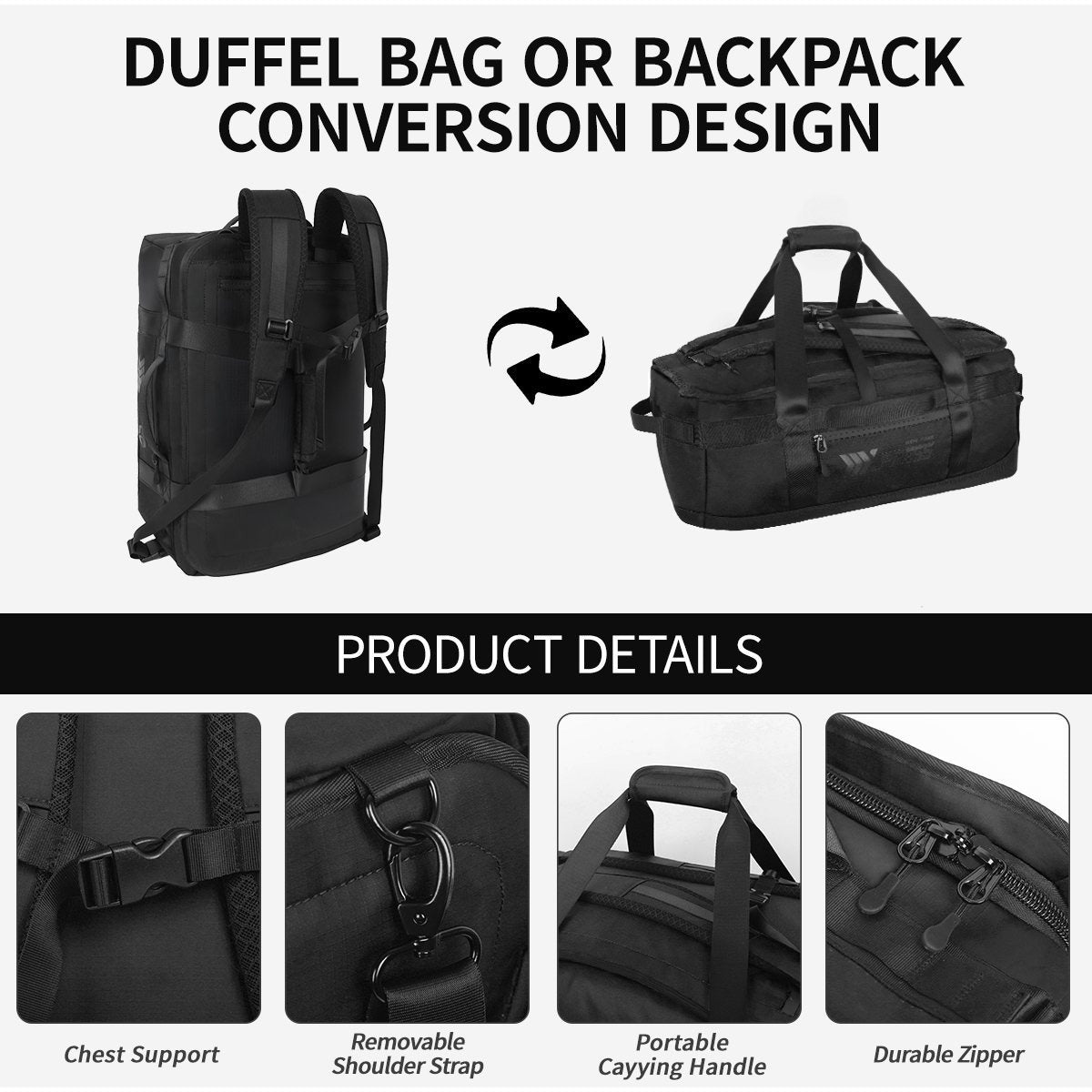 40L Travel Backpack 3-in-1 Convertible Duffle Bag with Shoulder Strap, Heavy-Duty Durable Polyeste Waterproof Bag for Men & Women, Business, Weekend, Camping, Overnight Backpack