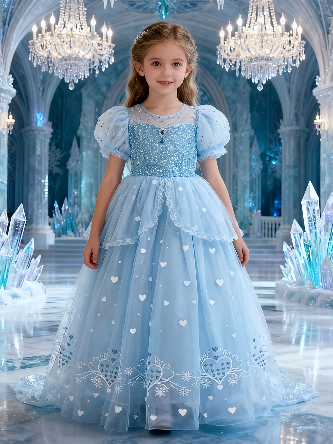 Woodland Ice Blue Kids' Princess Dress | Sequin Puff Sleeves, Heart Embroidery Tulle Puff Skirt, Elegant Non-Stretch Fabric, Perfect for Spring/Summer/Fall, Includes Cape for Birthday Catwalk & Party Gatherings