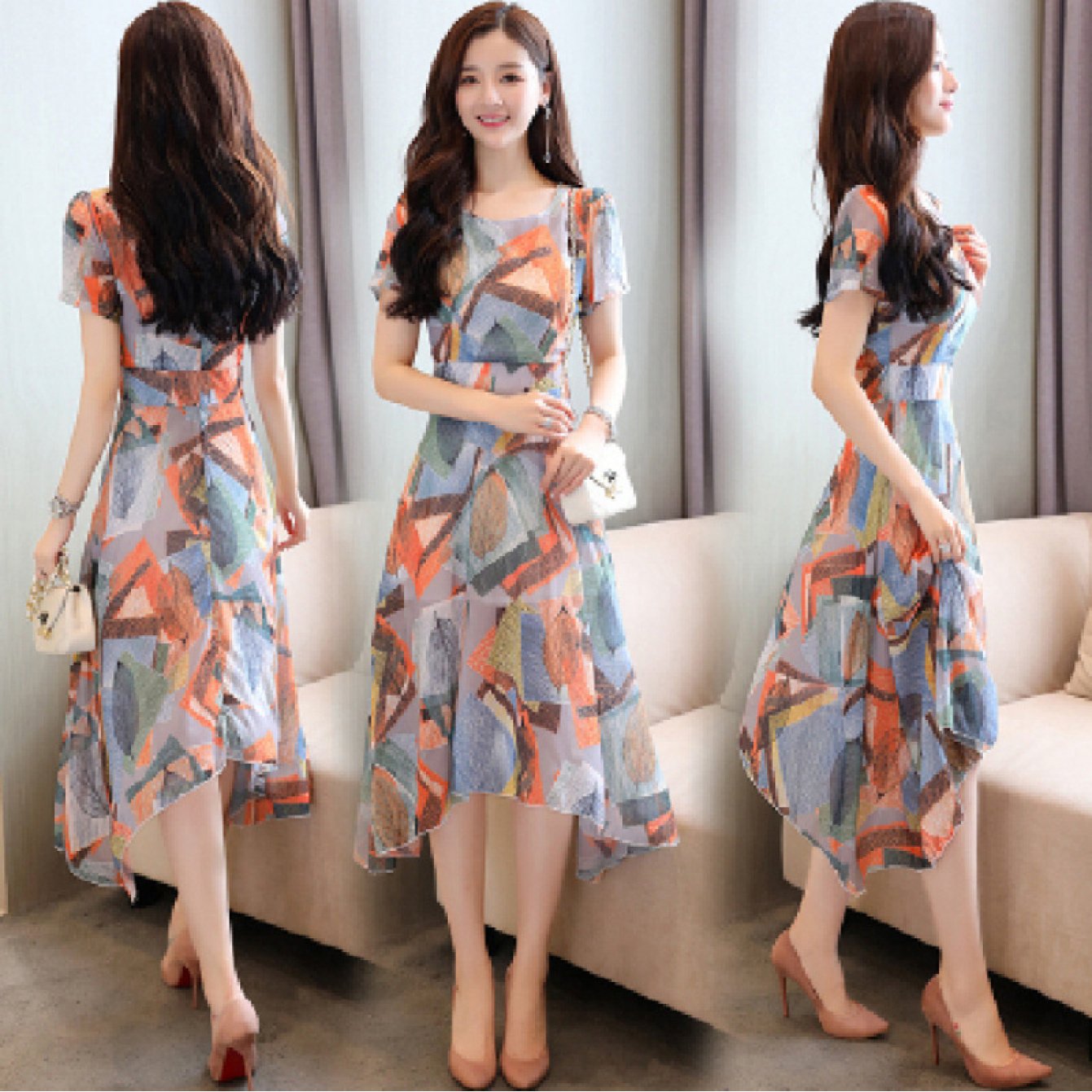 Women'S Floral Print A-Line Dress with Cinched Waist - Lightweight Breathable Summer Maxi Dress, Round Neck Short Sleeve Boho Wedding Guest Dress in Pastel Pink Orange Green, Pockets & Machine Washable for Spring Summer Fall