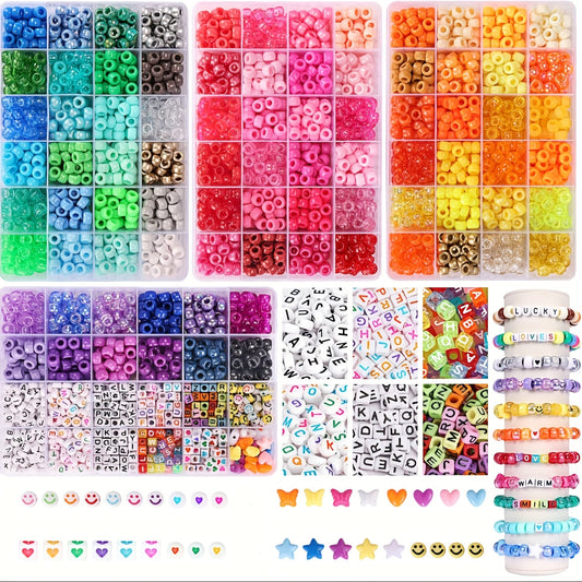 Acrylic Pony Beads Kit with Letter & Heart Charms | 4900pcs Rainbow Candy Colors Beads for Jewelry Making | Casual Style Bracelet Crafting Set with Elastic Strings