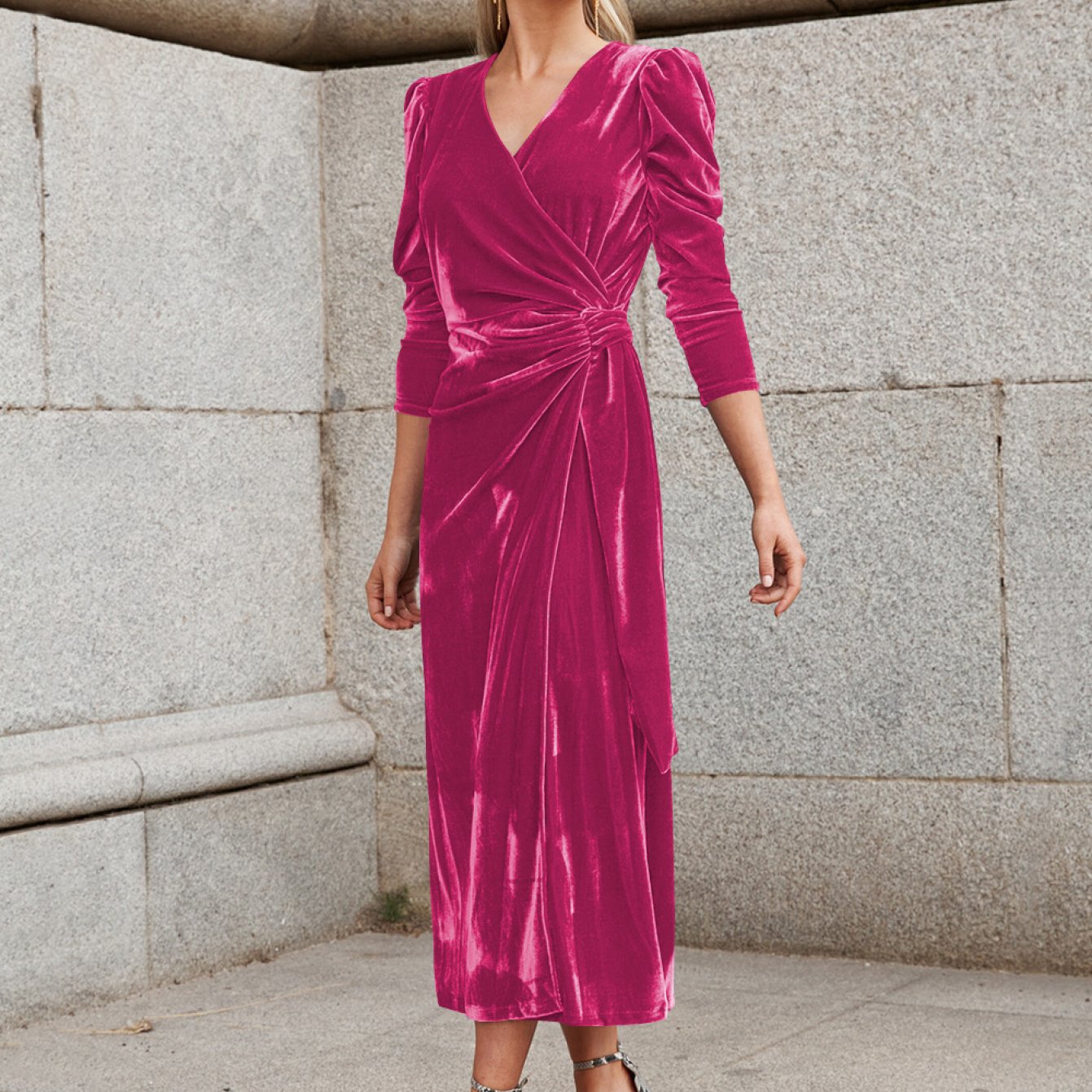 Women'S Elegant Long-Sleeved Evening Dress | French V-neck, Golden, Summer, Bodycon Fit