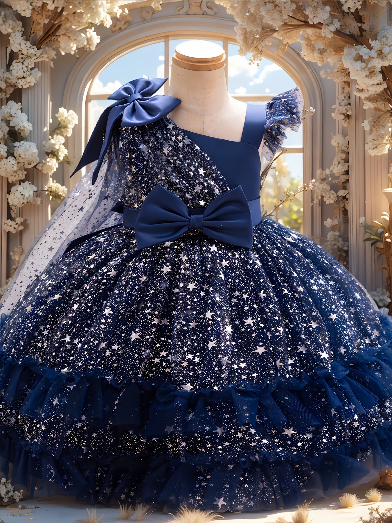 1st Birthday Girl Dress with Detachable Cape & Starry Tutu - Mint Green Sparkling Princess Party Gown, Soft Breathable Baby Girl for Weddings, Photo Shoots & Celebration Outfit (Short Sleeves, Belt)