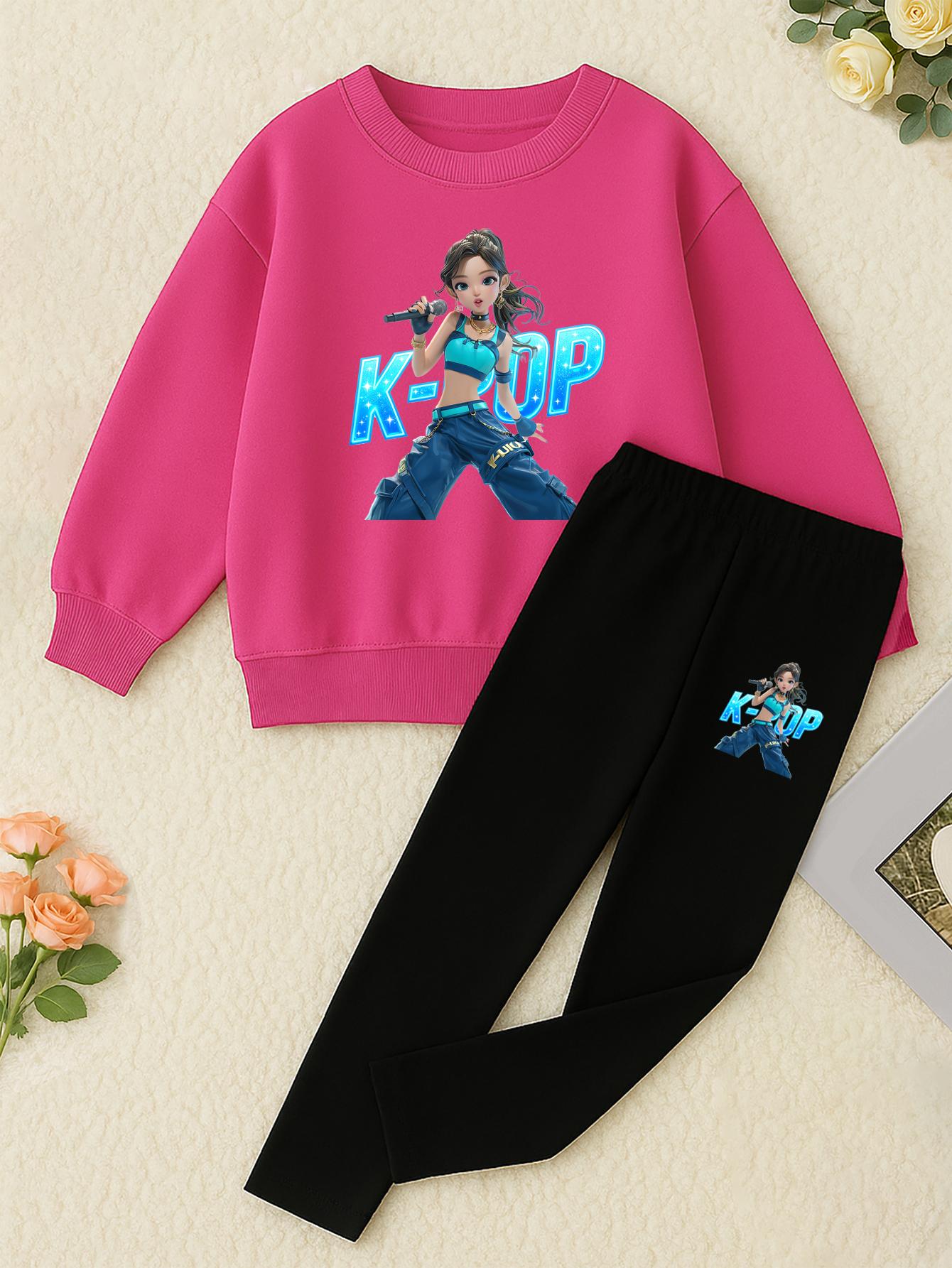 K-Pop Element Girls Two-piece Set | Girl Idol Group Anime Print Sweatshirt + Tight Pants | Trendy Brand Daily Wear | Perfect Birthday Gift for Girls, for Outdoor