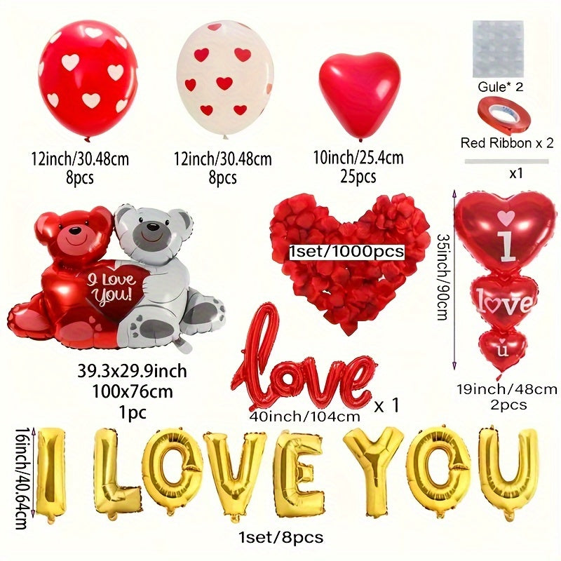 1058pcs Red Aluminum Helium Balloon Set 40 Inch Love Bear Rose Petals Confession Wedding Proposal Decor