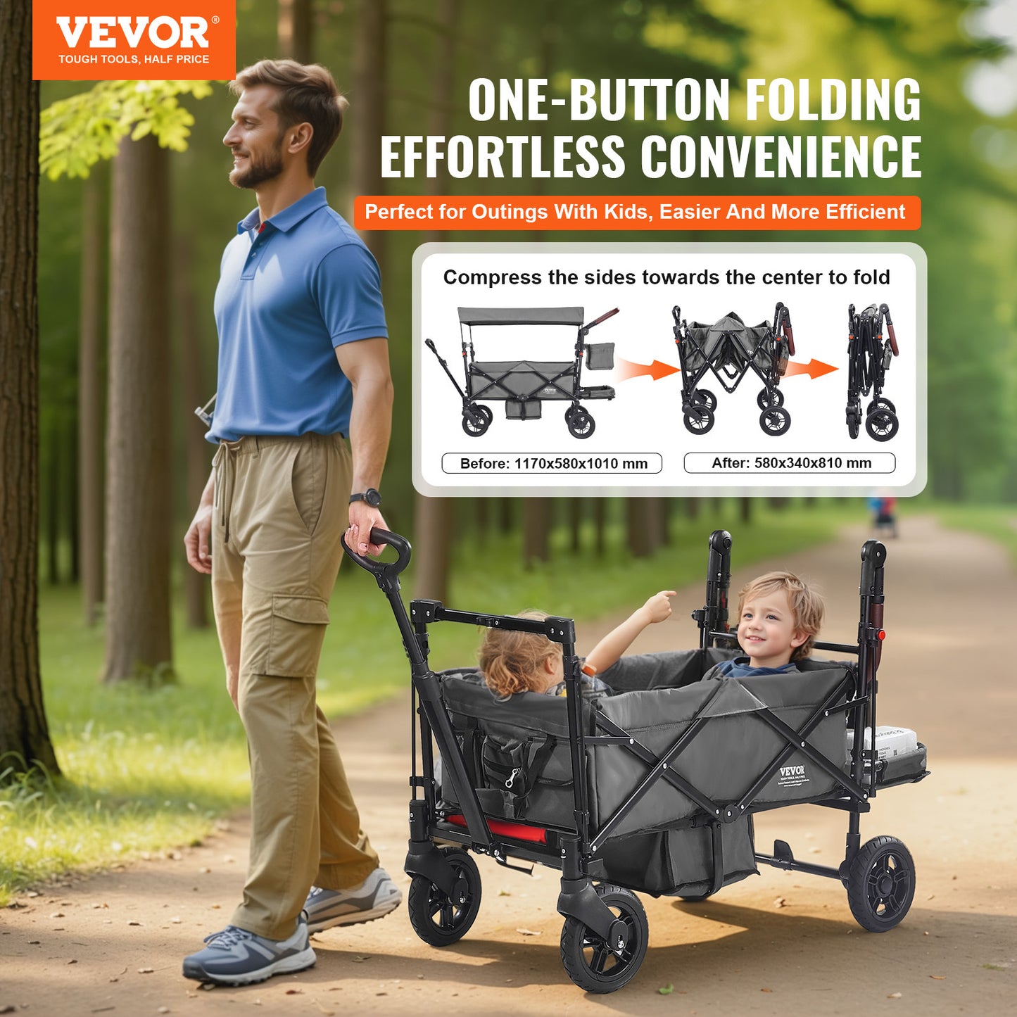 VEVOR Tandem Stroller For 2 Kids Adjustable Handle Canopy
