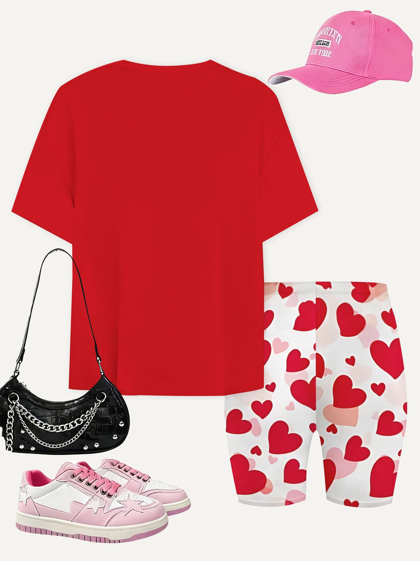 Girls Fashion Shorts Set With Heart Print For Outdoor Play
