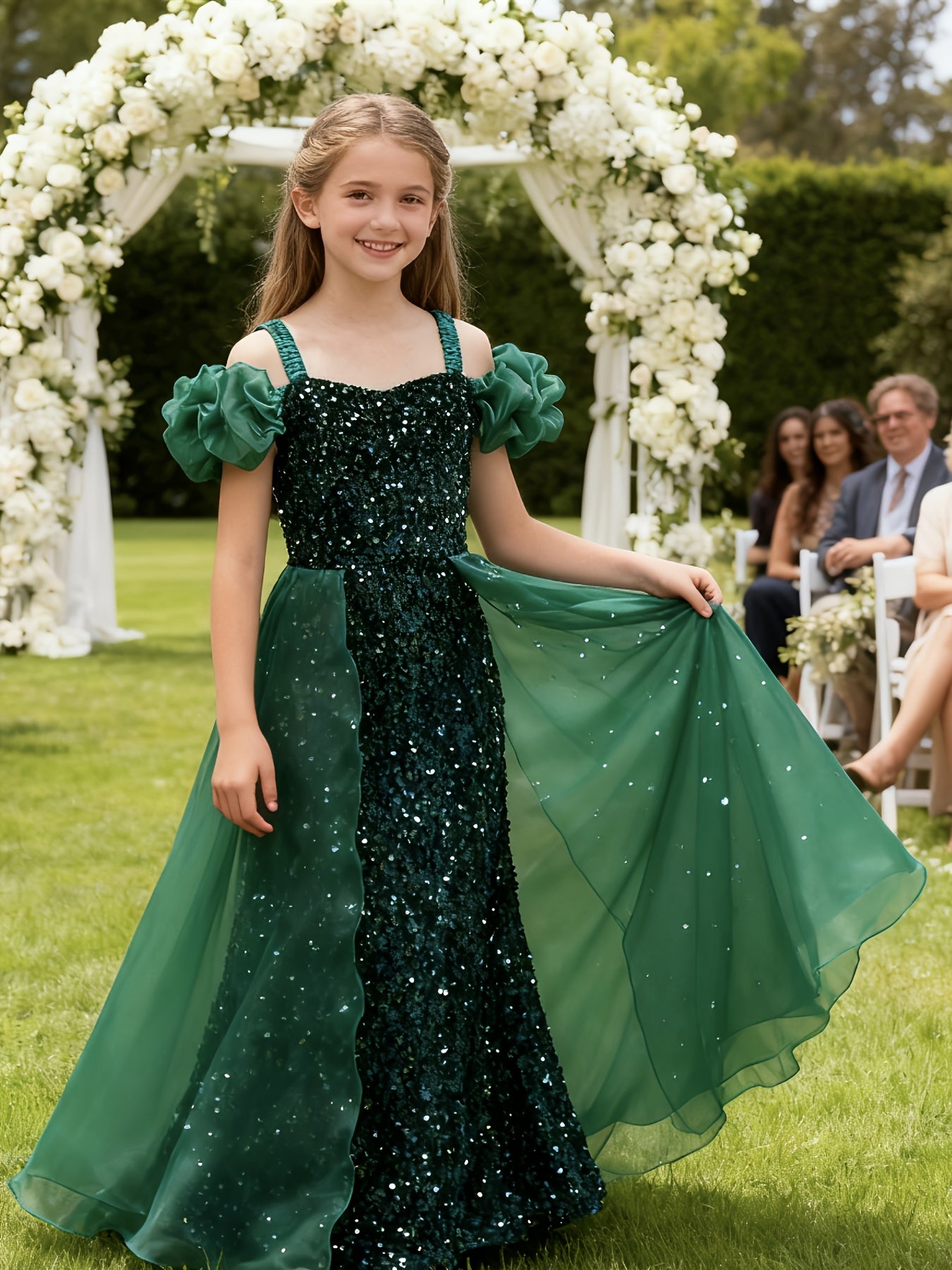Girls Princess Gown With Off-Shoulder Puff Sleeves Tulle Train