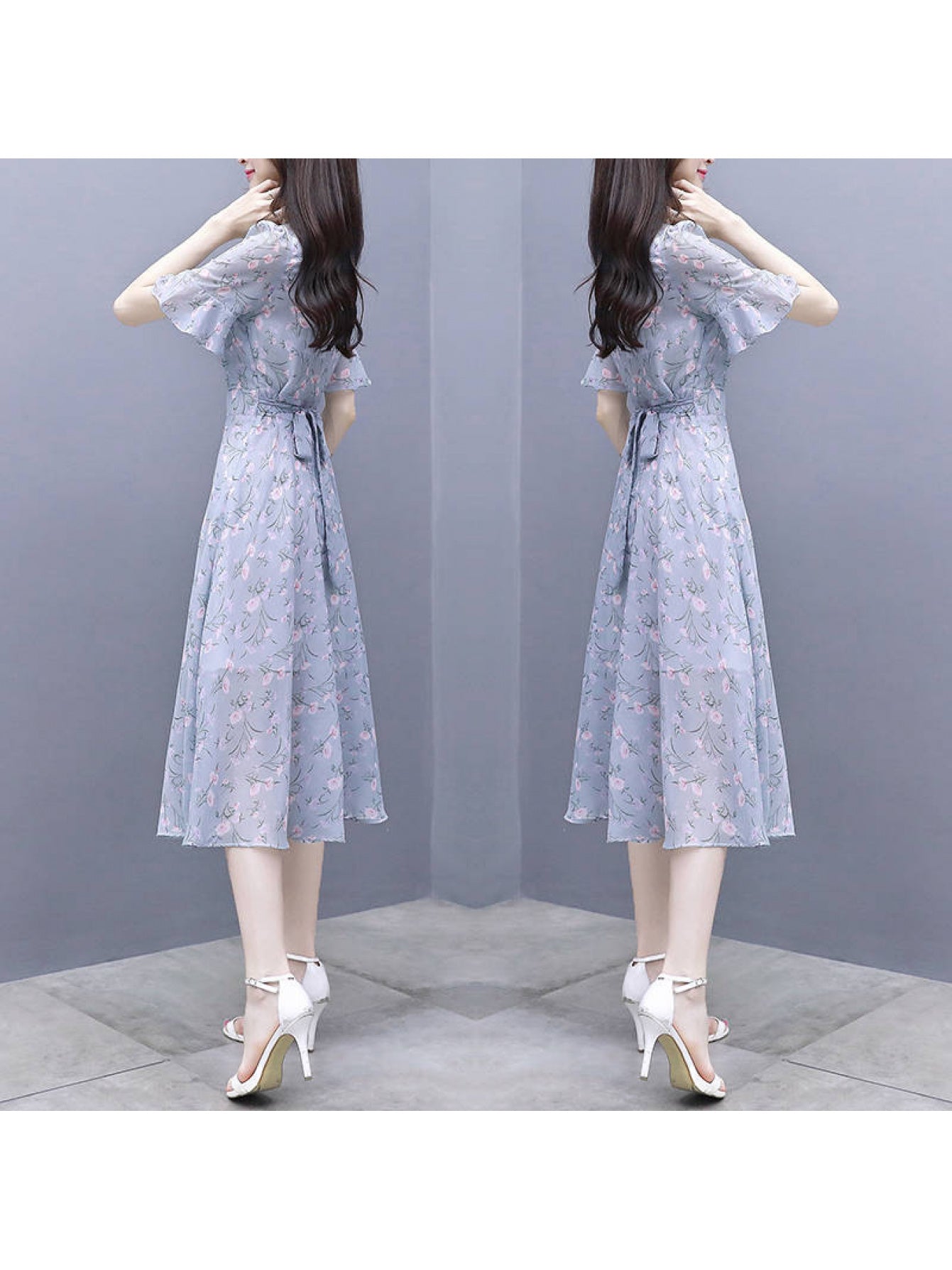 Women'S Floral A-Line Dress with V-Neck & Waist-Cinching Slim Fit - Lightweight Breathable Short Sleeve Boho-Chic Dress for Spring Summer Fall, Pastel Floral Print in Soft Pink Yellow Green, Casual to Semi-Formal Occasions