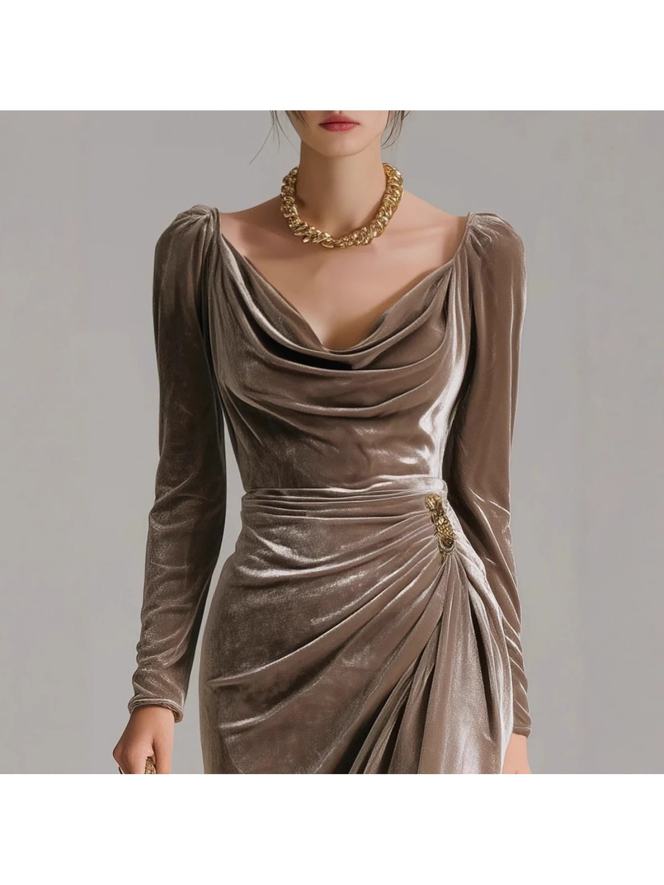 Velvet Midi Dress for Holiday Parties, Deep Brown Cowl Neck Gown with Asymmetric Hem, Stunning Christmas Party Dress with Golden Accent