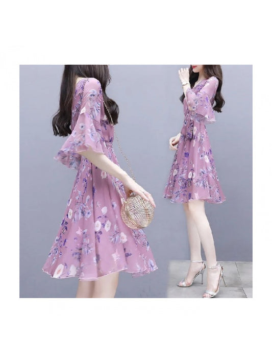 Women'S Floral print A-Line dress with waist cinch - Flowy Midi length, Elegant V-Neck, for Parties, Office, Brunch - Floral Dresses for Women in Purple/ Lavender/ Pink/ / / Navy/ Red/ Brown/ / / / Green/ Orange/ Yellow/ - Sp