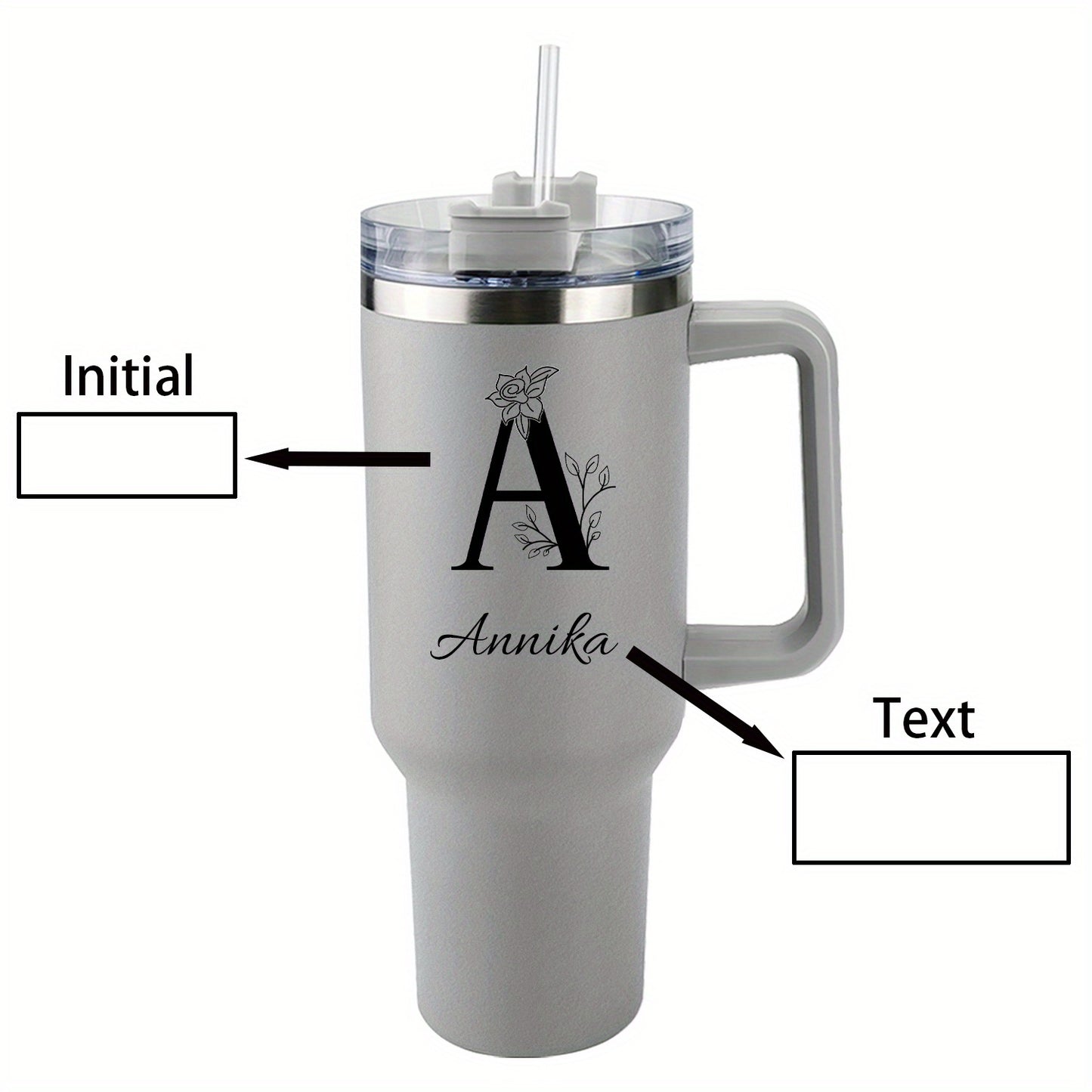 [Personalized Thermos Cup] 40oz Customized Name Thermos Cup | Double Wall Stainless Steel Handle Insulated Coffee Cup, Large Capacity with Lid And Straw, Personalized Gift with First Letter Flower Design, Travel And Office Cu