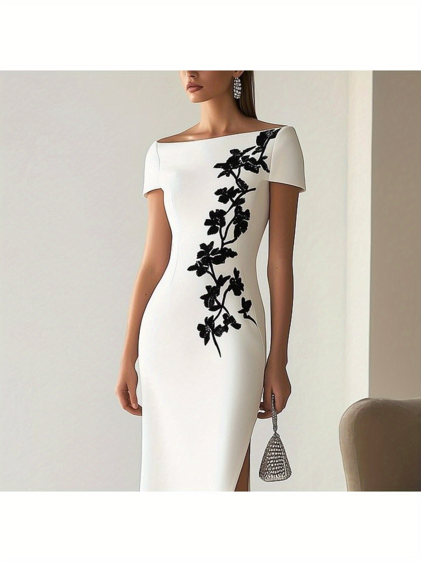 Women'S Elegant Strapless/One-Shoulder Short Sleeve Dress with Black Floral Embellishment - Mermaid/Pencil Skirt & Slit Hem, All-Season Formal Party Wedding Guest Dress, Versatile Evening Gown for Women, Comfortable & Durable