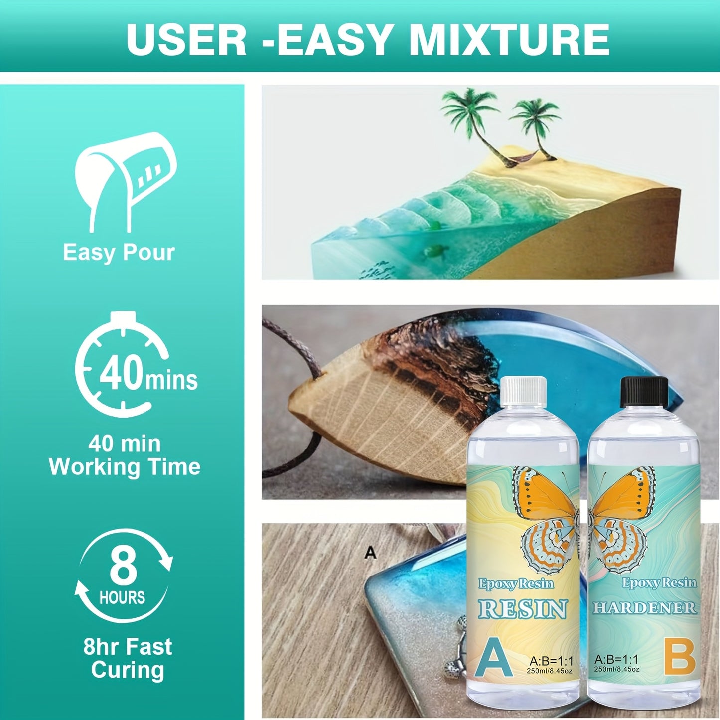 Beginner's Handmade AB Transparent Epoxy Resin Kit for Casting and Coating, Suitable for Desktops, Art Castings, Jewelry Projects, DIY Cup Crafts, Molds, and Artwork, Easy to Mix with a 1:1 Ratio