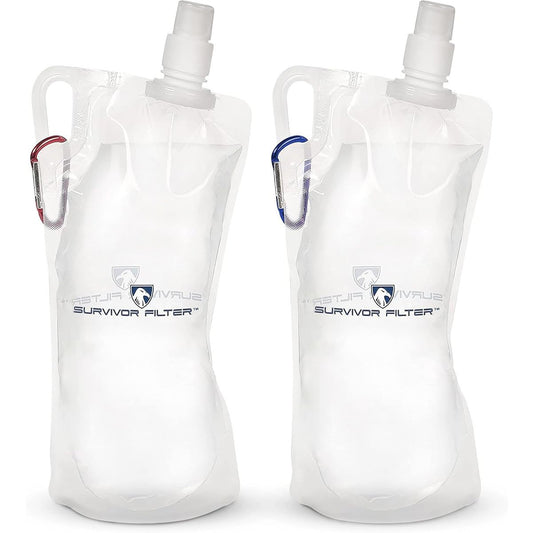 2-Pack Survivor Filter Collapsible Water Bottles with Built-in Filtration System - Heavy-Duty Collapsible design, Carabiners & Handles for Camping, Hiking, Emergency Prep - Compatible with External Filters (32oz/2L Total) - I