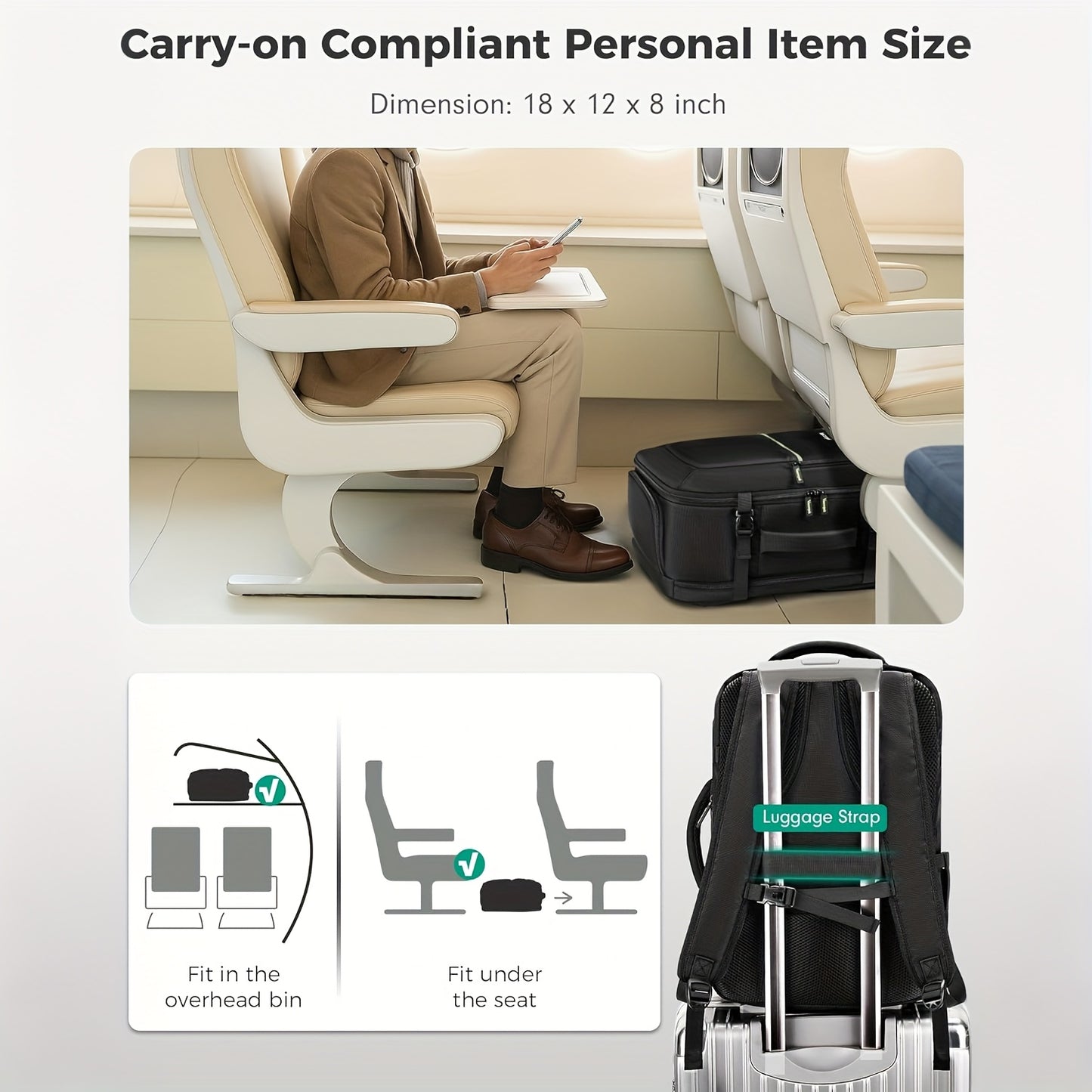 Airline Approved Carry-On Backpack with Removable Shoe Compartment & USB Port - TSA Laptop Bag for 17.3" Devices, Large Travel Suitcase Backpack for Men & Women, Fits 10-12 Shoe Size (Black) - Under /Hoverbin Compatible Lugga