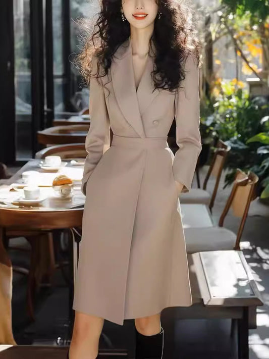 Women'S Elegant Khaki Suit Dress - Structured Pencil Skirt with V-Neck Long Sleeve Blouse, Belted Waist & Faux Buttons - Solid Color Tailored Fit for Spring/Autumn, Casual to Formal Events - Versatile Office to Semi-Formal Ou