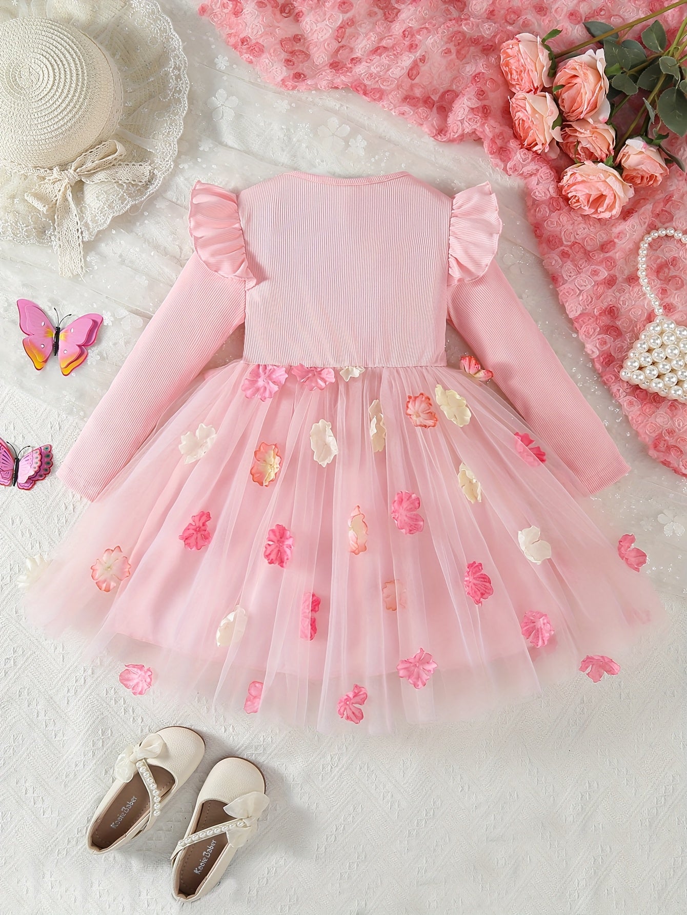 Hello Kitty Winter Party Dress For Girls 3D Flower Bow Print Pink Princess With Puffy Sleeves Machine Washable